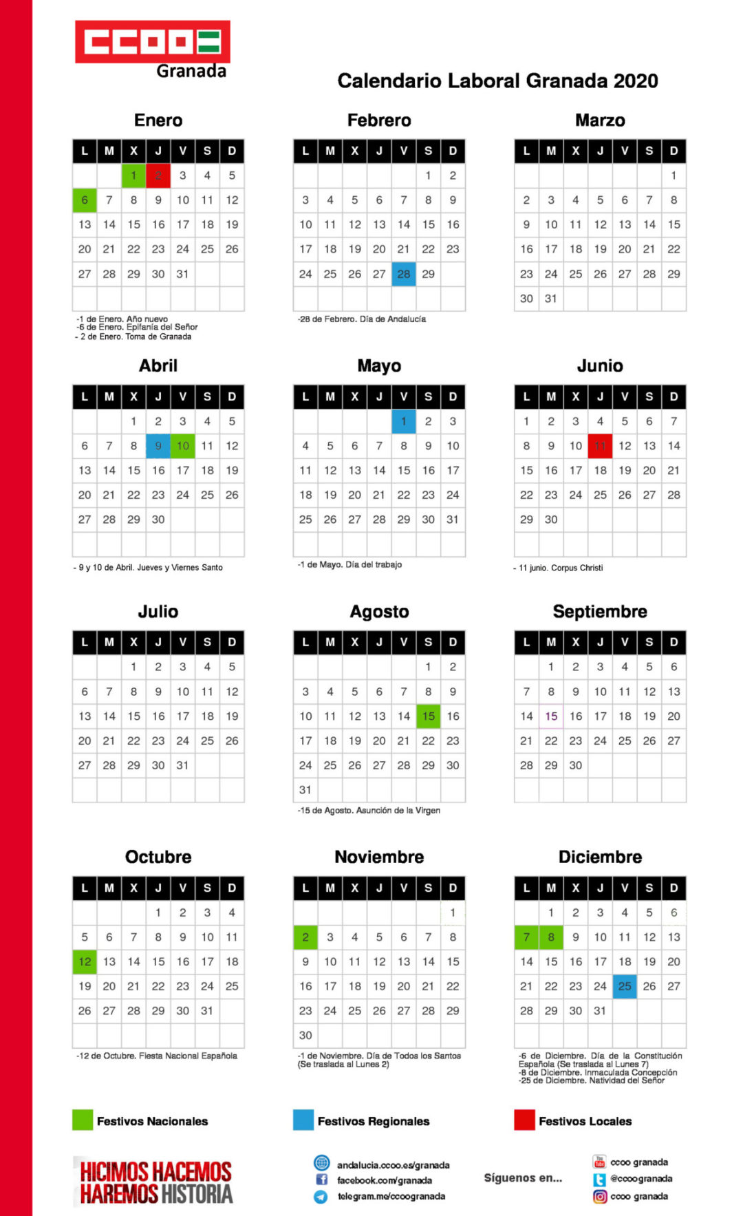 Calendario laboral de Granada conoce los días festivos del próximo año