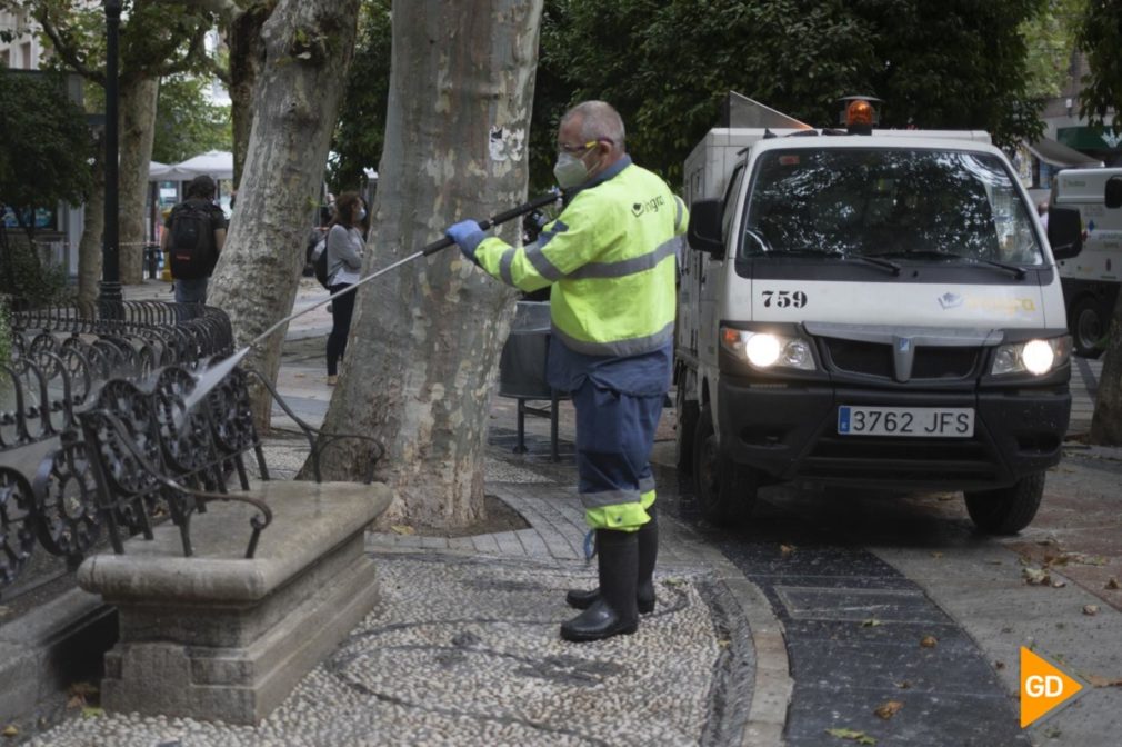 Limpieza de plaza la Trinidad en Granada por culpa de los estorninos