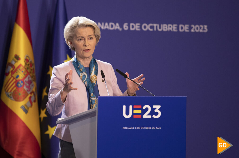 Rueda de prensa de Pedro Sanchez, Charles Michel y Ursula Von Der Leyen en el Consejo informal de los jefes de estado de la Union Europea en Granada