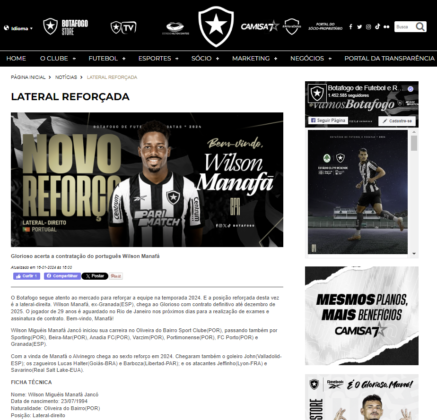 Comunicado del fichaje de Manafá en la página web del Botafogo