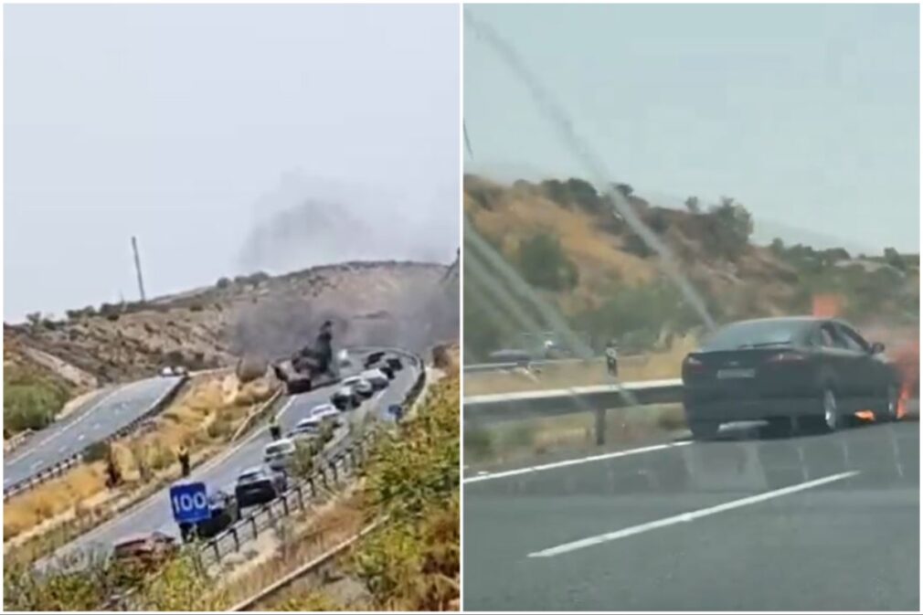 Capturas de frame de vídeo de un coche ardiendo en la A-44, a la altura de Padul, sentido Motril