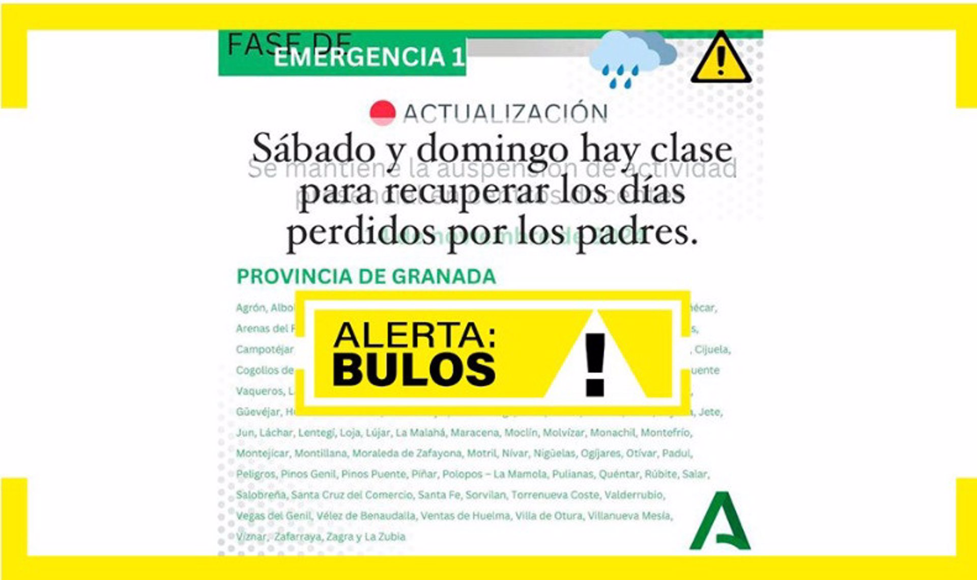 Temporal.- La Junta desmiente un "bulo" y aclara que las clases perdidas por la DANA no se recuperarán en fin de semana