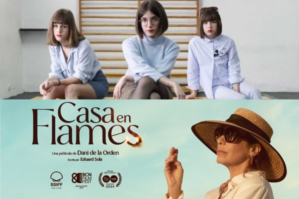 Collage de la banda Cariño y el cartel de la película nominada a los Goya 'Casa en flames' | Foto: Palacio de Festivales / Sábado Películas / Playtime Movies