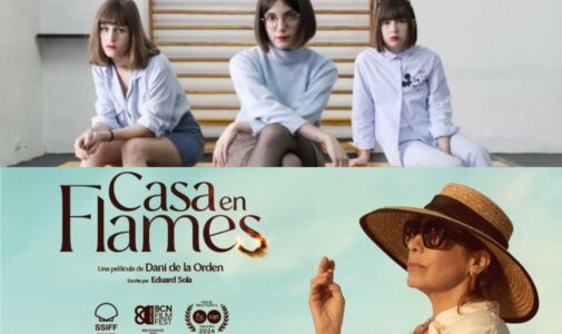 Collage de la banda Cariño y el cartel de la película nominada a los Goya 'Casa en flames' | Foto: Palacio de Festivales / Sábado Películas / Playtime Movies